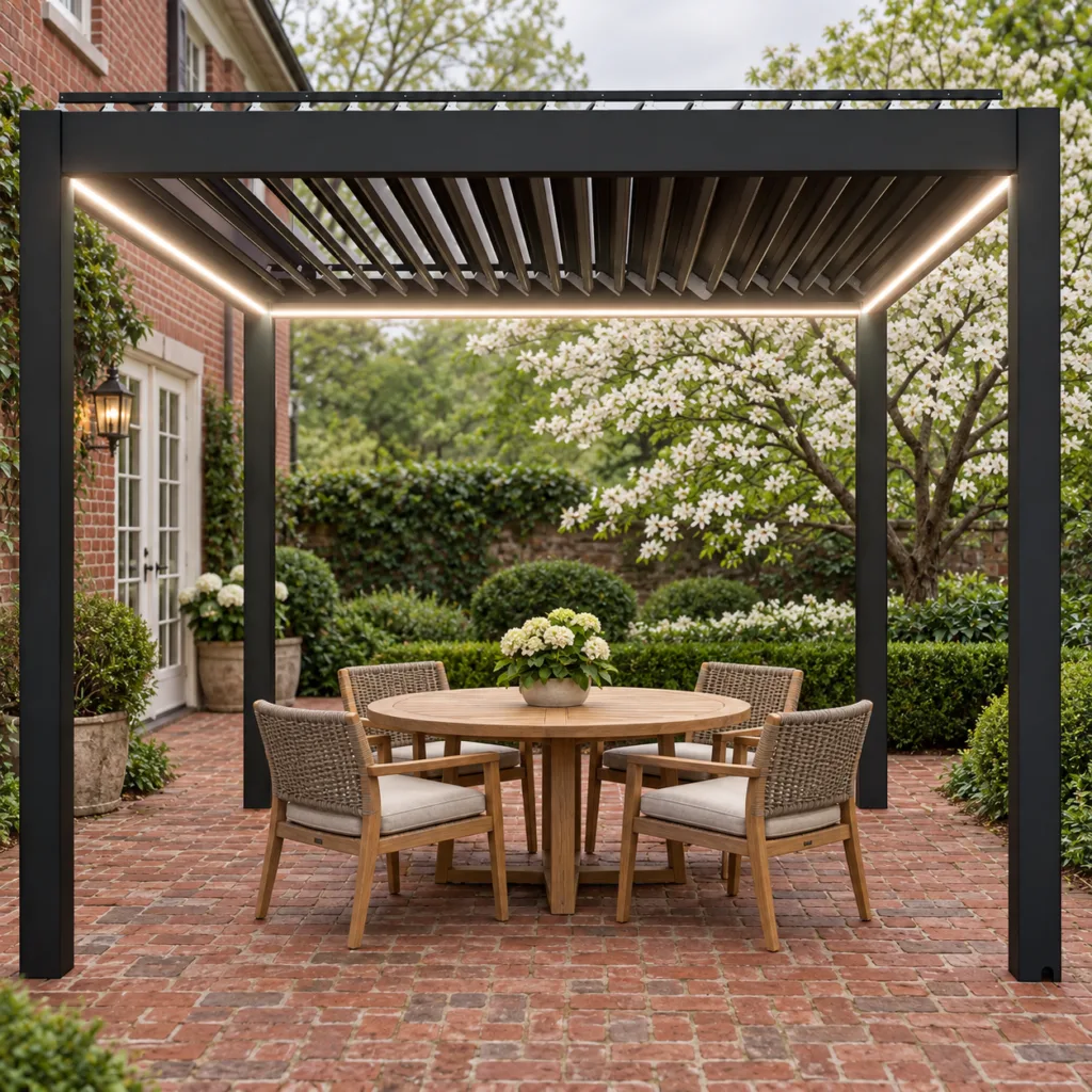 Complete dark META LIFESTYLE louvered pergola on a brick patio with four chairs and flowering trees