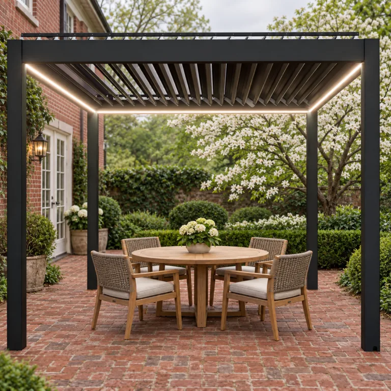 Complete dark META LIFESTYLE louvered pergola on a brick patio with four chairs and flowering trees