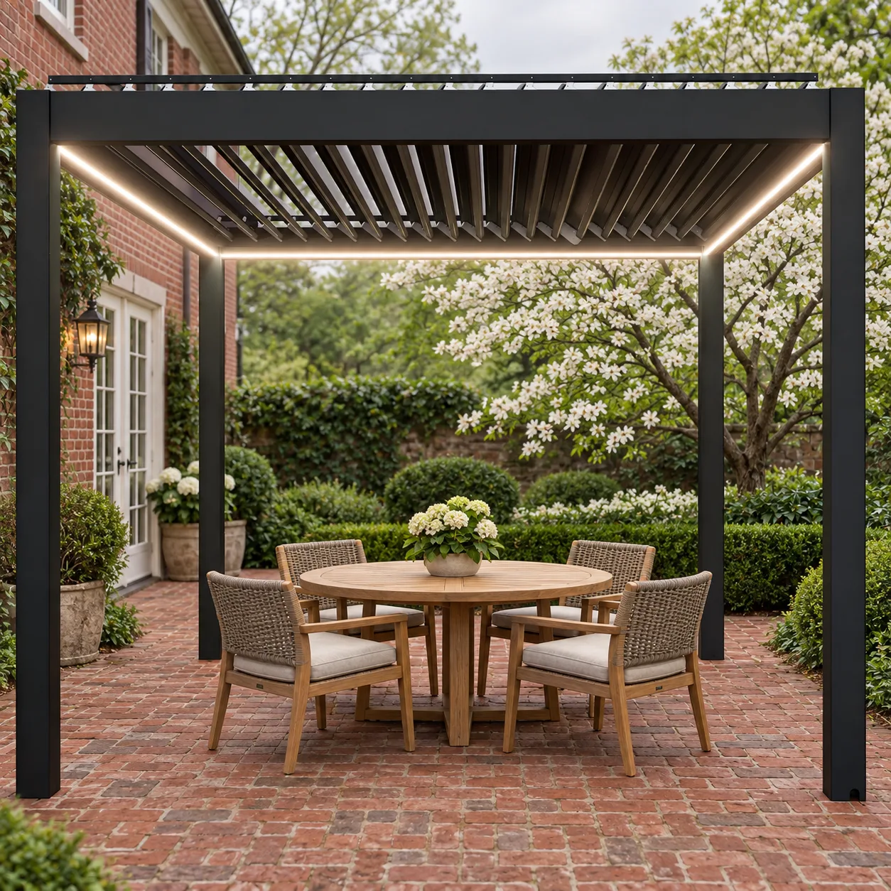 Complete dark META LIFESTYLE louvered pergola on a brick patio with four chairs and flowering trees