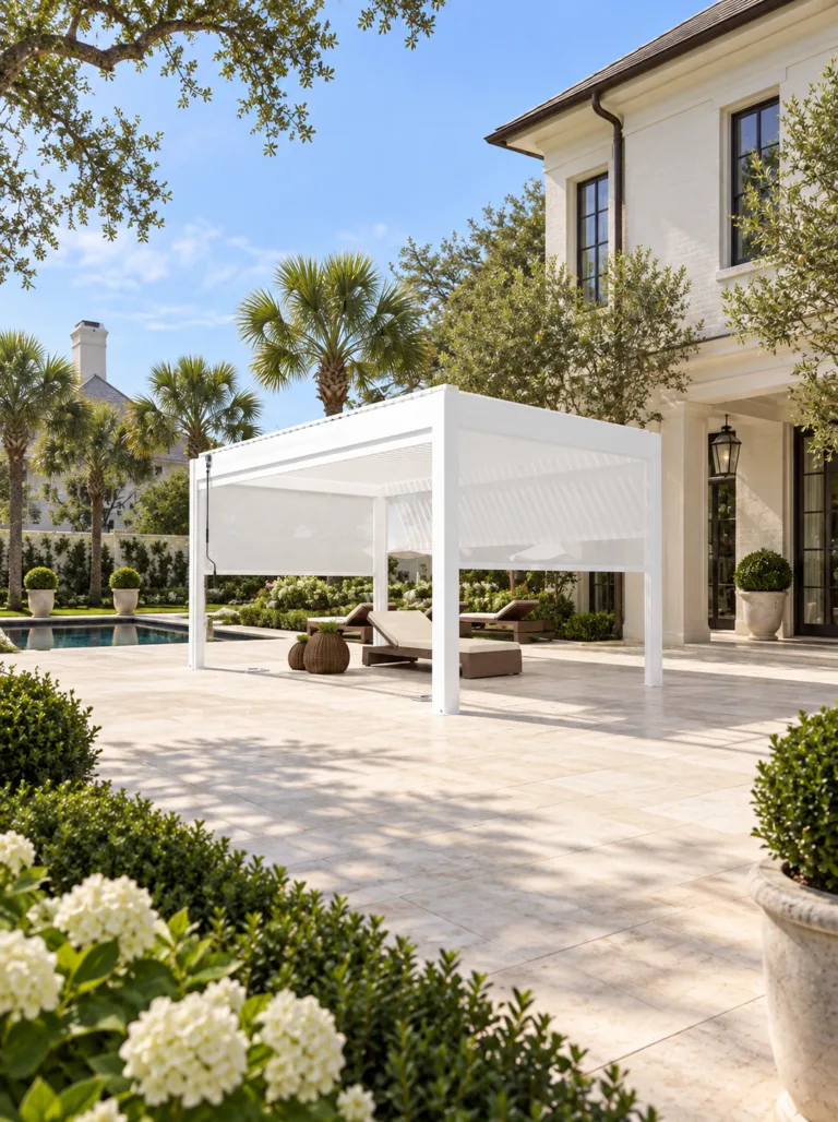 META LIFESTYLE white motorized pergola in an upscale Southern courtyard