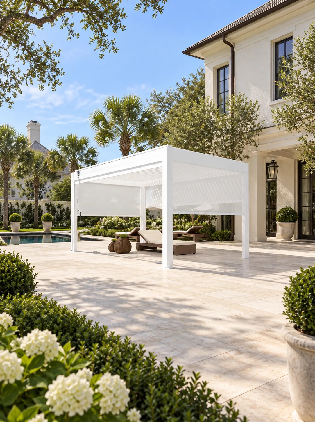 META LIFESTYLE white motorized pergola in an upscale Southern courtyard
