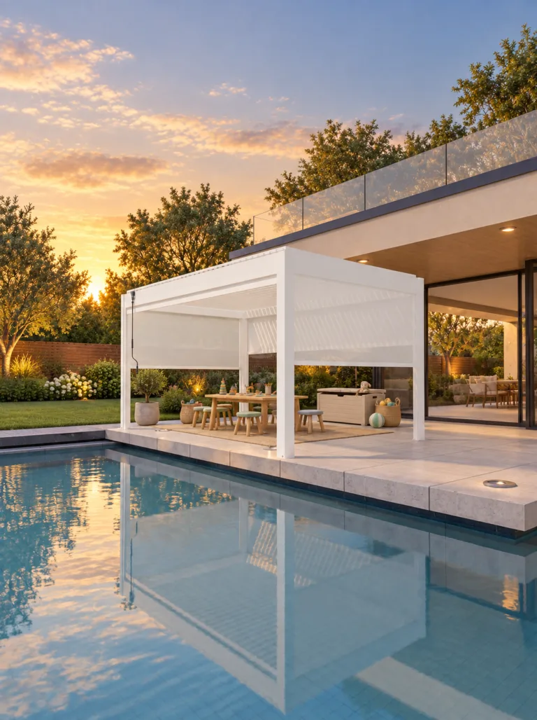 White META LIFESTYLE motorized pergola arranged as an upscale children's outdoor activity area beside a pool