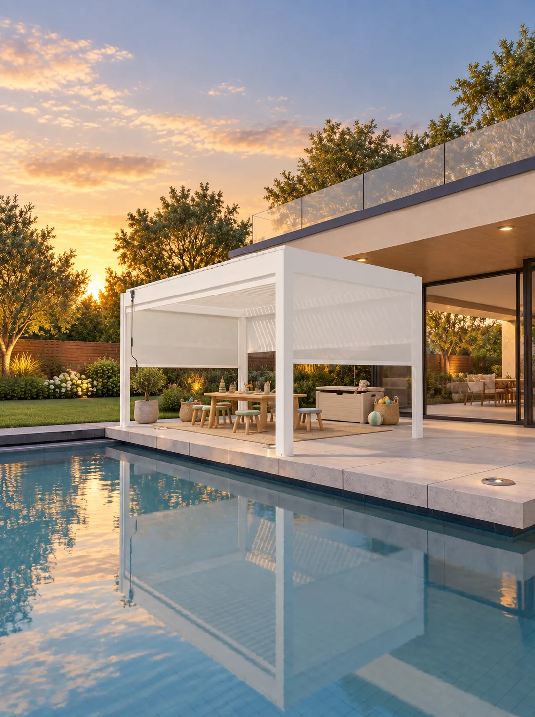 White META LIFESTYLE motorized pergola arranged as an upscale children's outdoor activity area beside a pool