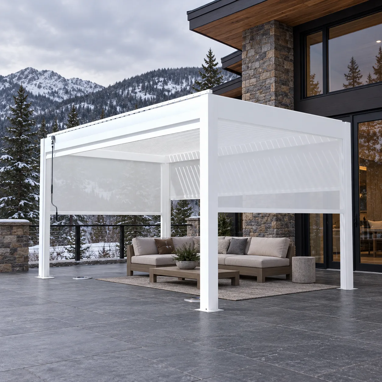White META LIFESTYLE motorized pergola on a cleared cold-climate mountain patio