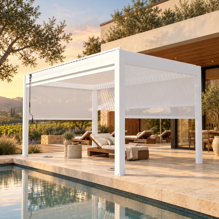 White META LIFESTYLE louvered pergola beside a warm limestone and stucco Napa Valley residence