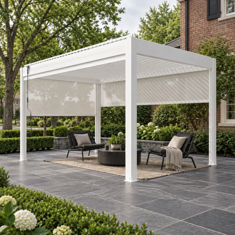 White motorized pergola with screens on a gray slate corner-lot patio beside a brick home