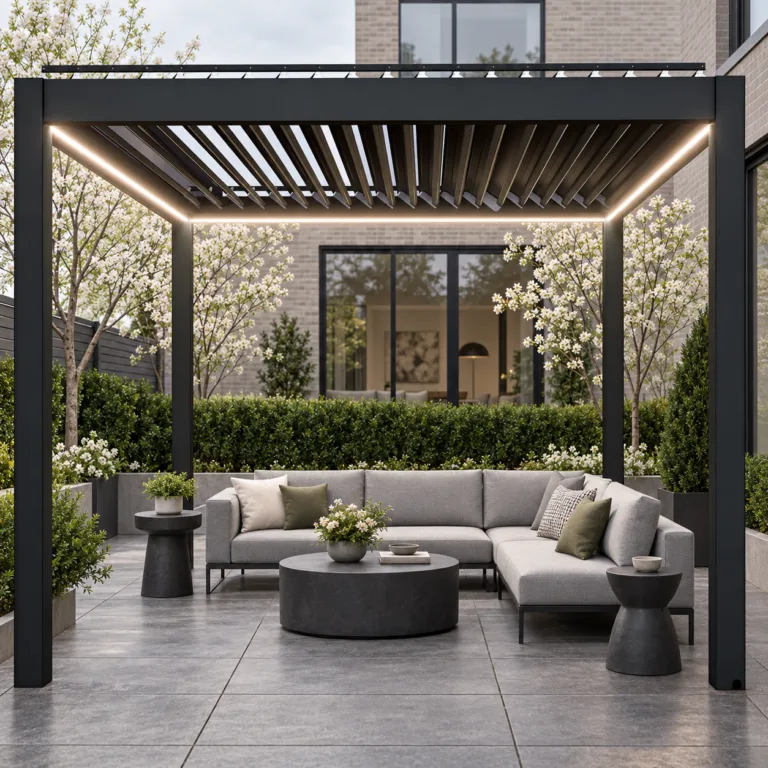 Complete black META LIFESTYLE motorized pergola in a modern spring townhouse courtyard