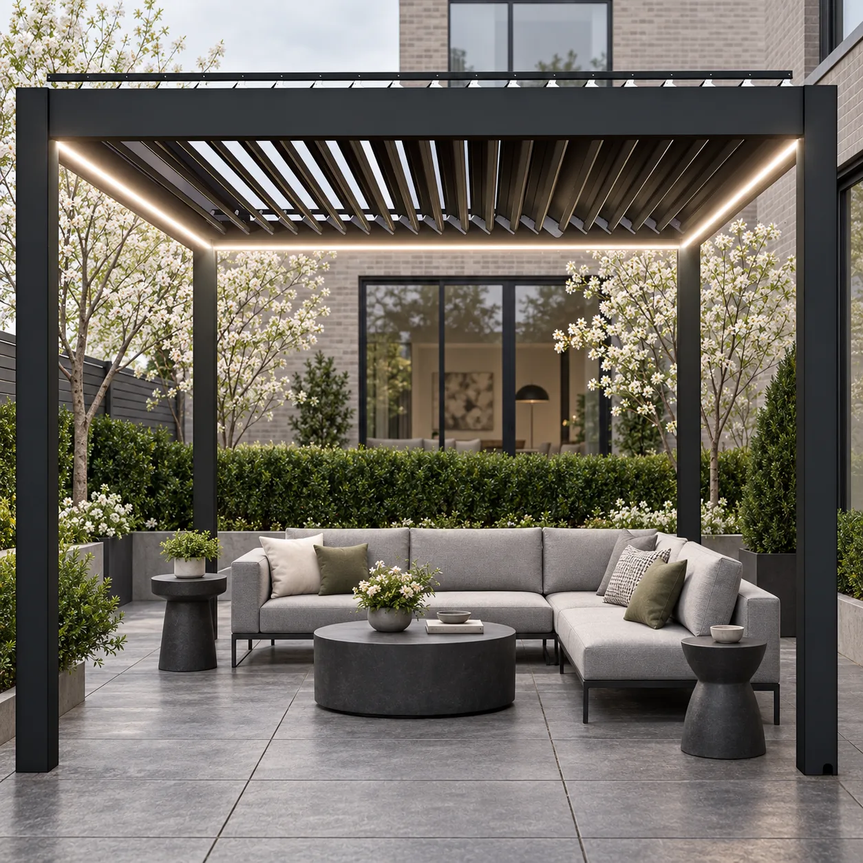 Complete black META LIFESTYLE motorized pergola in a modern spring townhouse courtyard