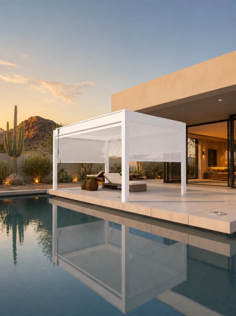 White motorized louvered pergola beside a pool in an upscale Arizona desert-modern backyard
