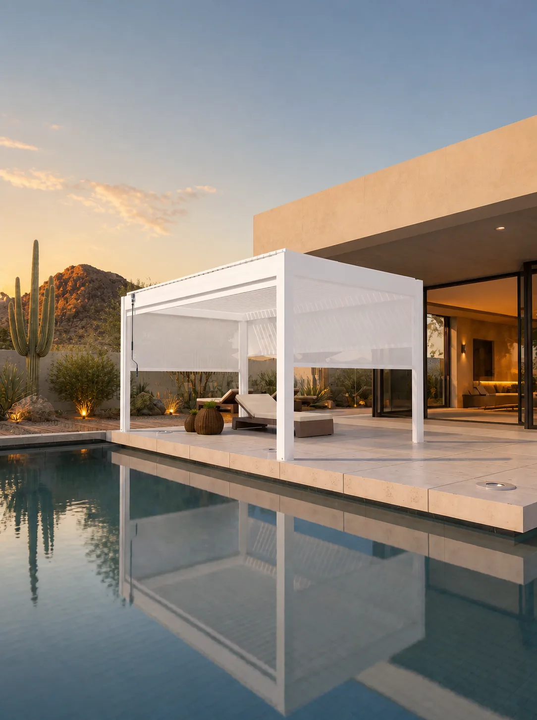 White motorized louvered pergola beside a pool in an upscale Arizona desert-modern backyard