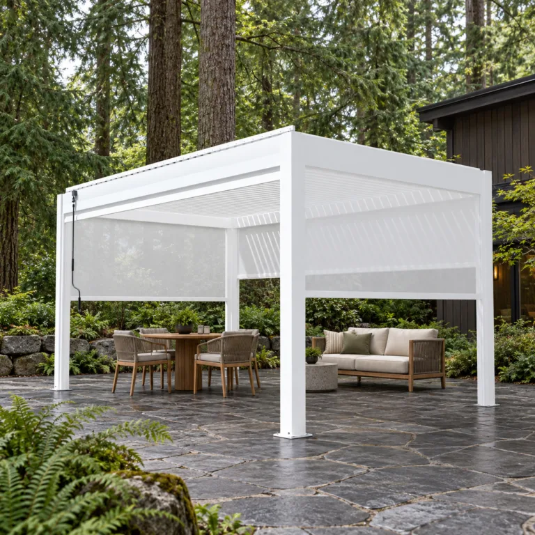 White motorized pergola with screens over dining and lounge seating on a woodland stone patio