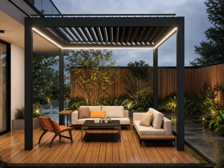 Luxury louvered pergola and wet landscaped patio immediately after rain