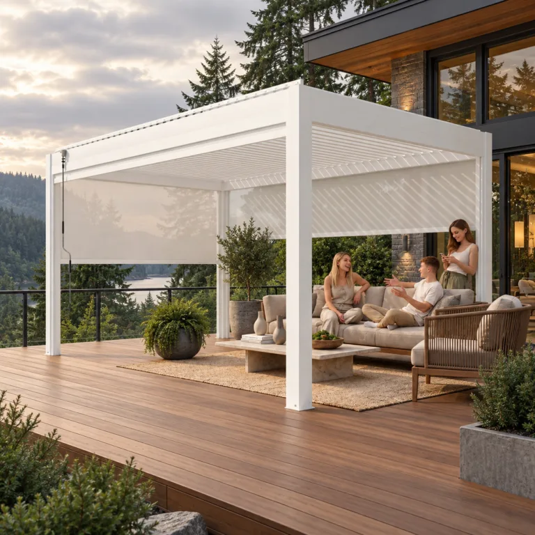White META LIFESTYLE louvered pergola with screens on a Pacific Northwest raised deck