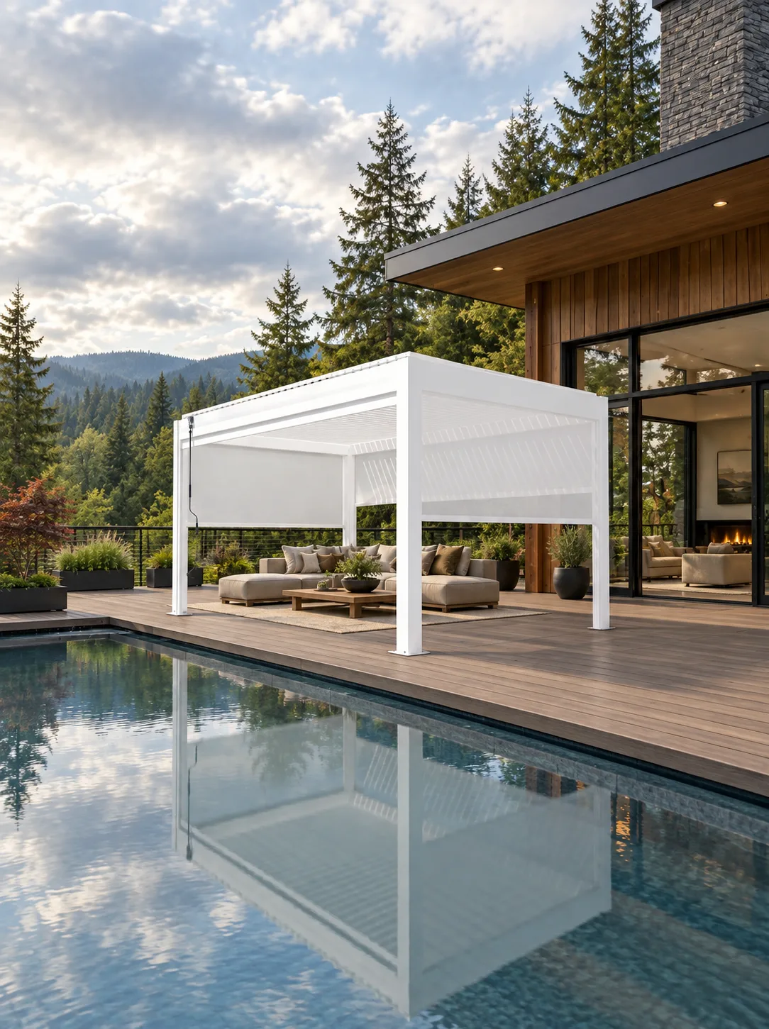 White META LIFESTYLE motorized pergola on a luxury composite deck