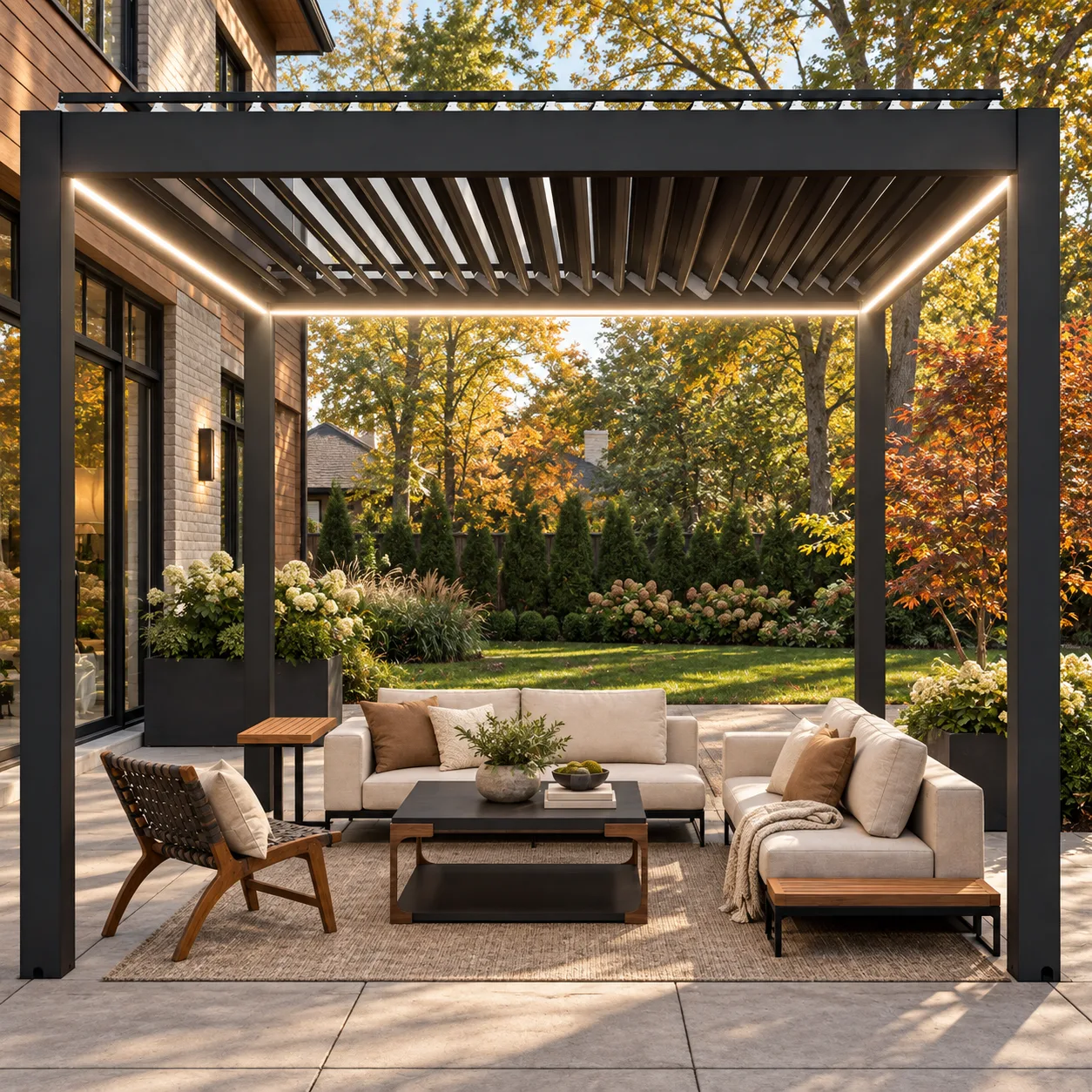 Dark META LIFESTYLE motorized pergola on an existing luxury paver patio