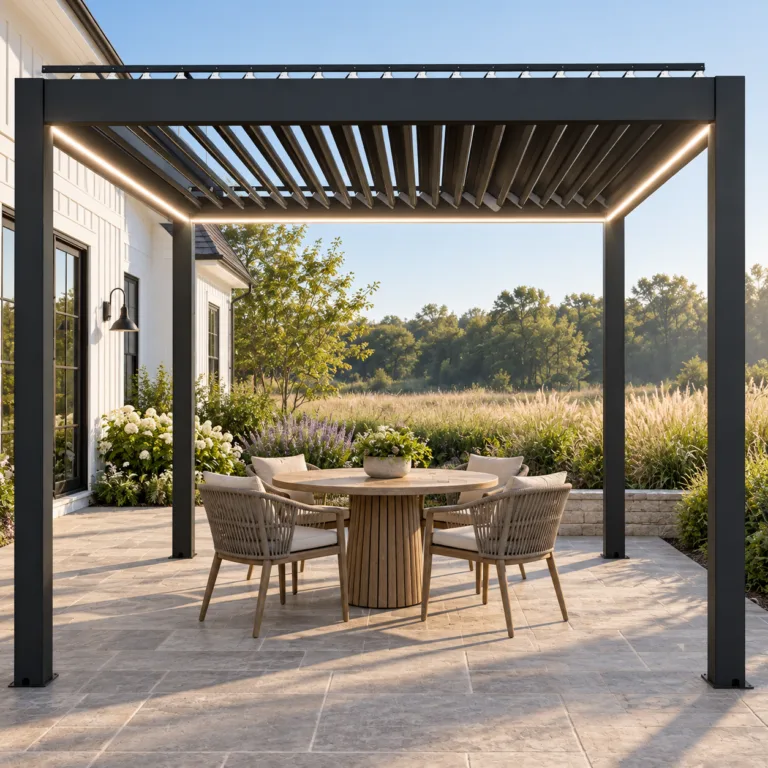 Dark META LIFESTYLE motorized pergola on a spacious farmhouse side patio