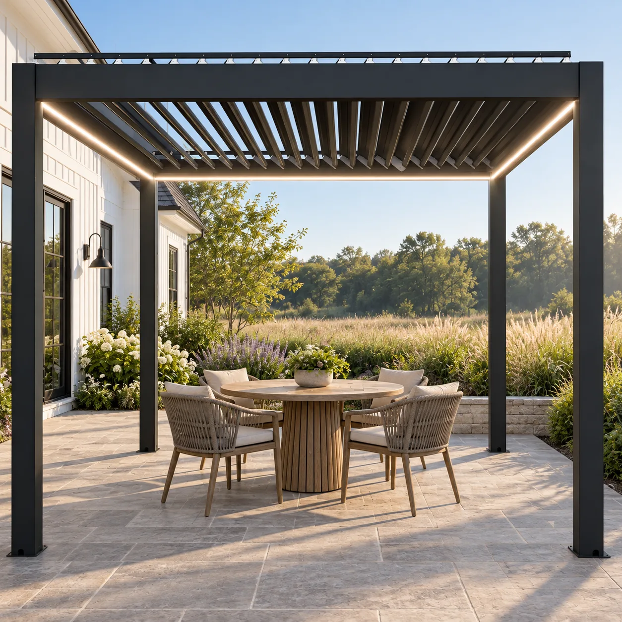 Dark META LIFESTYLE motorized pergola on a spacious farmhouse side patio