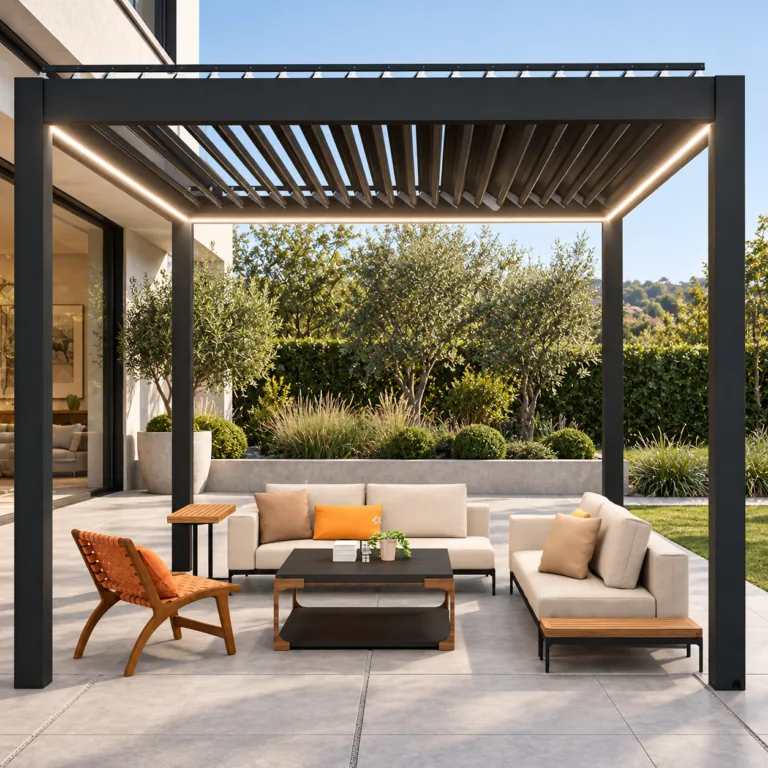 Complete charcoal motorized pergola over large-format light-gray patio pavers