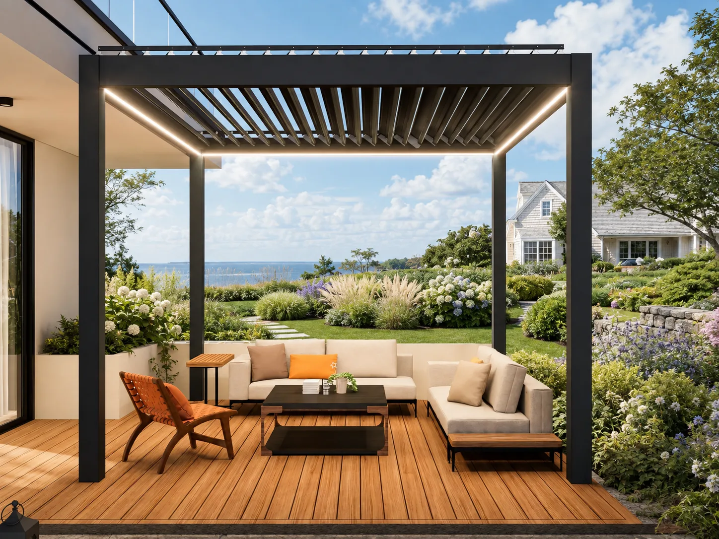 Louvered pergola with coordinated outdoor lounge furniture overlooking a coastal garden