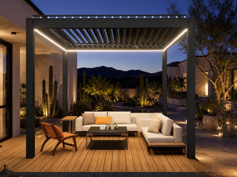 Lounge furniture arranged beneath a black louvered pergola in an Arizona courtyard