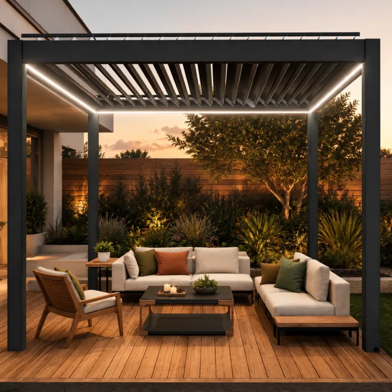 Motorized aluminum louvered pergola in an upscale American backyard at golden hour