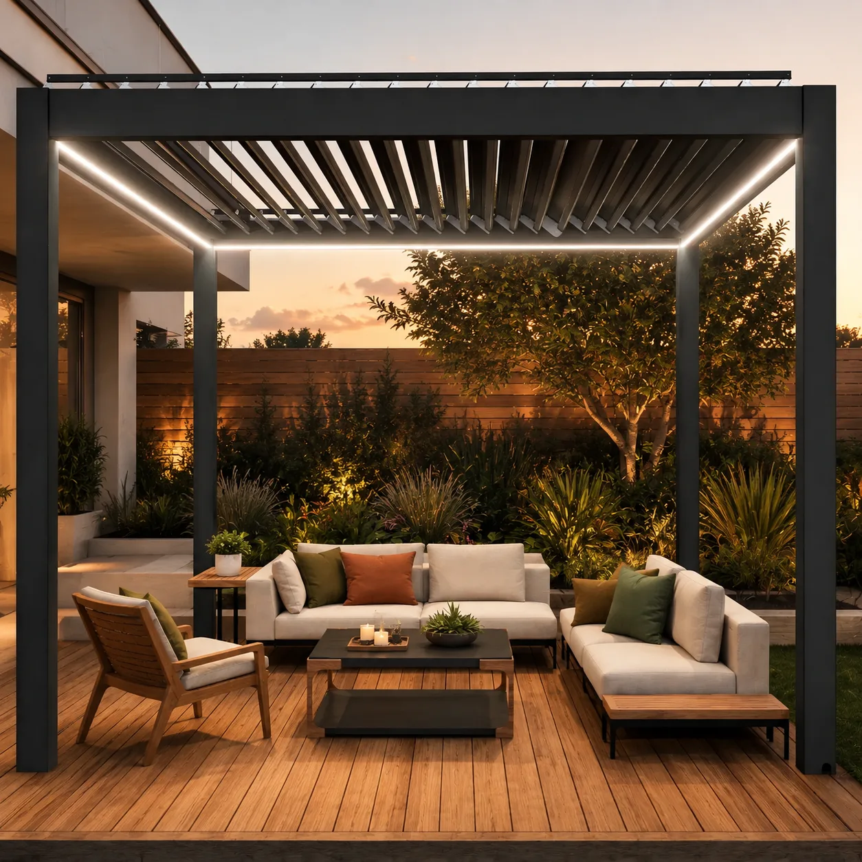 Motorized aluminum louvered pergola in an upscale American backyard at golden hour