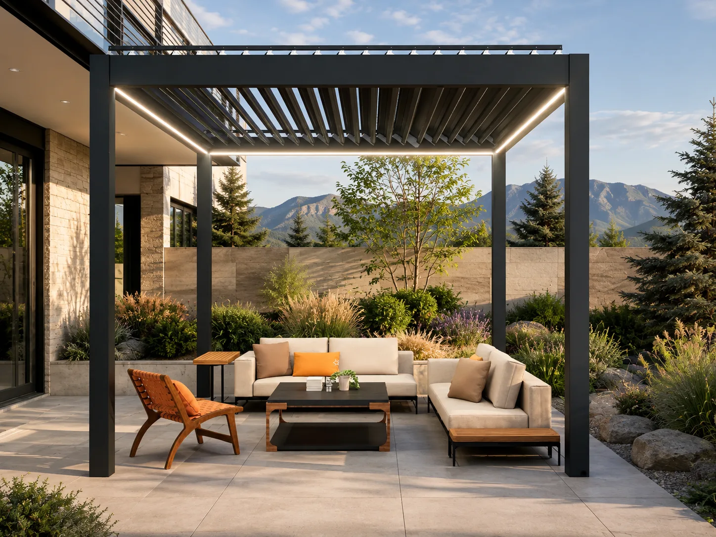 Dark louvered pergola proportioned beside a contemporary Denver mountain home