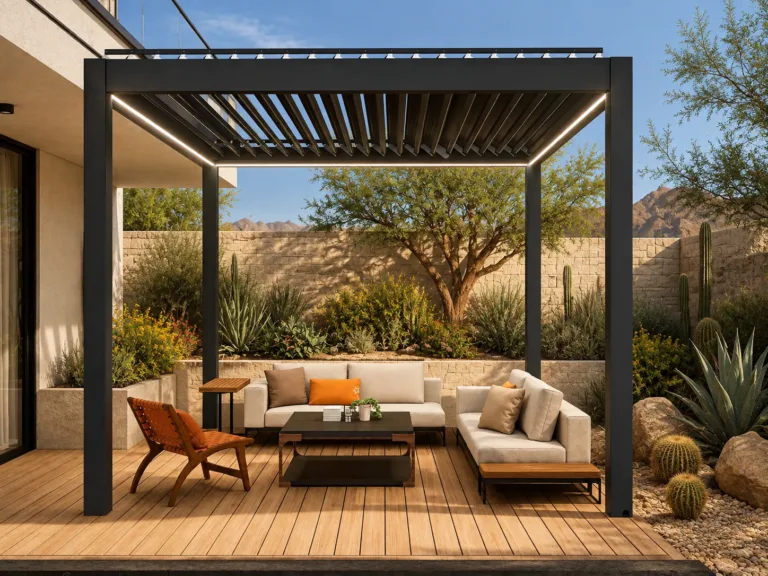 Dark aluminum louvered pergola creating shade in an upscale Arizona courtyard