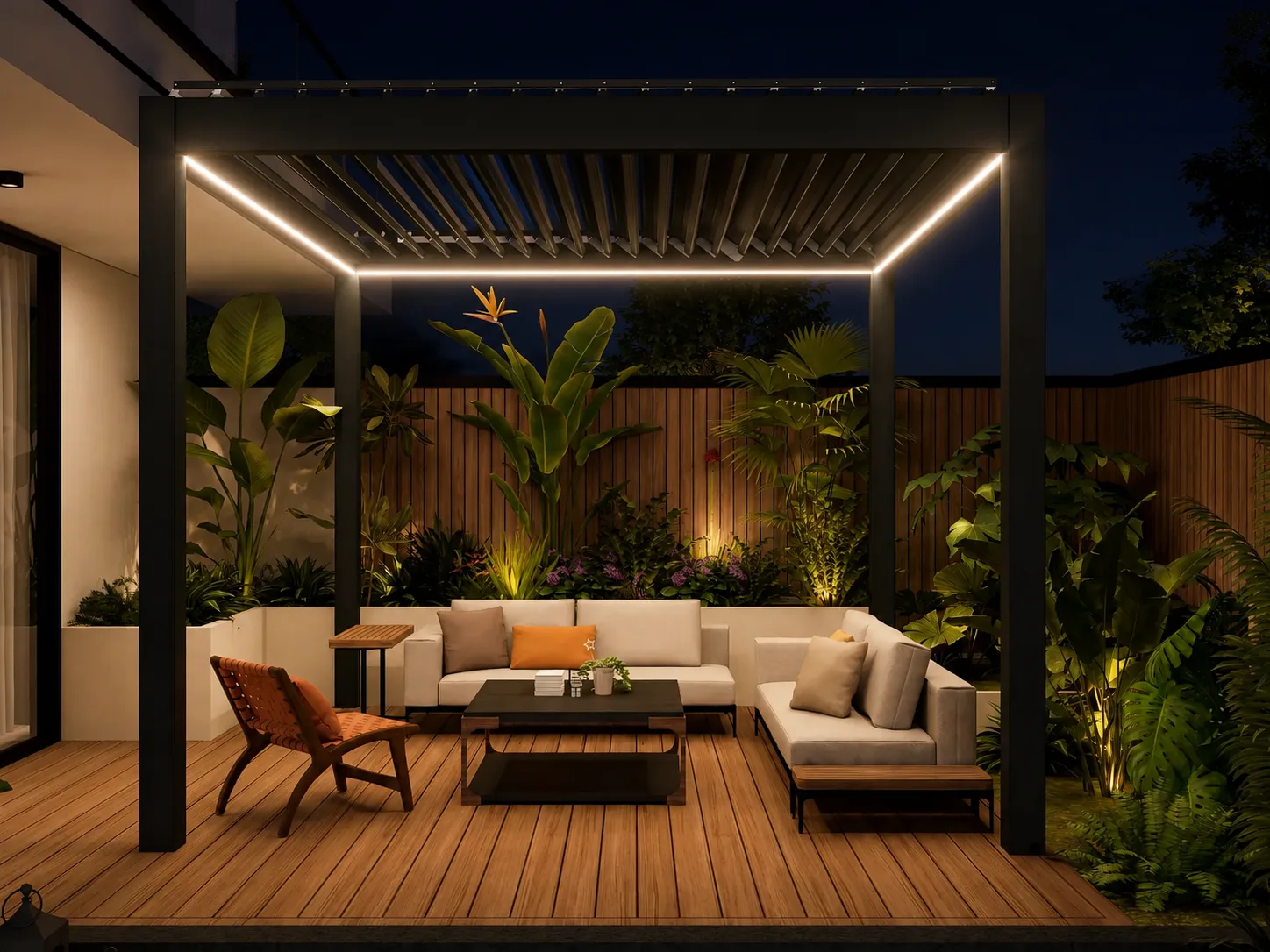 Luxury louvered pergola with warm low-glare lighting and softly lit landscaping