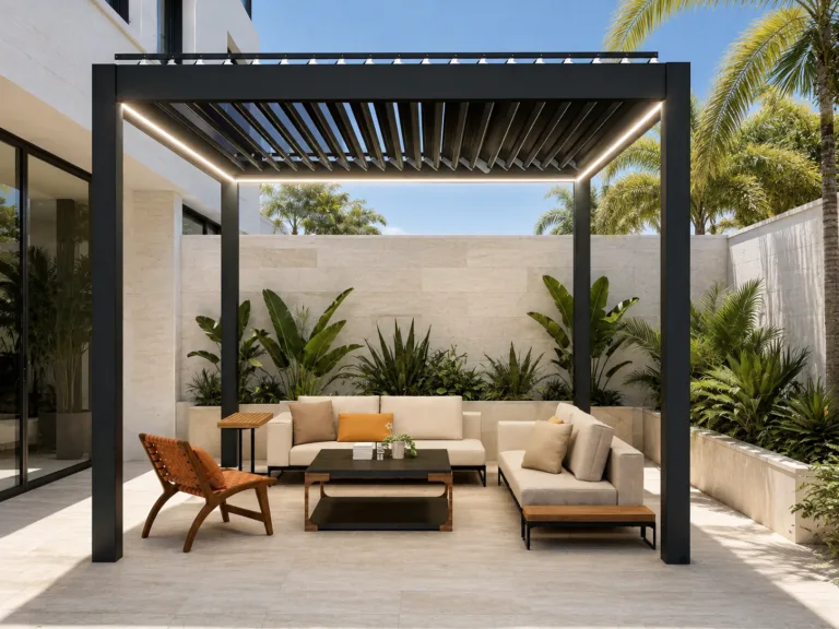 Dark louvered aluminum pergola in a bright modern Miami courtyard
