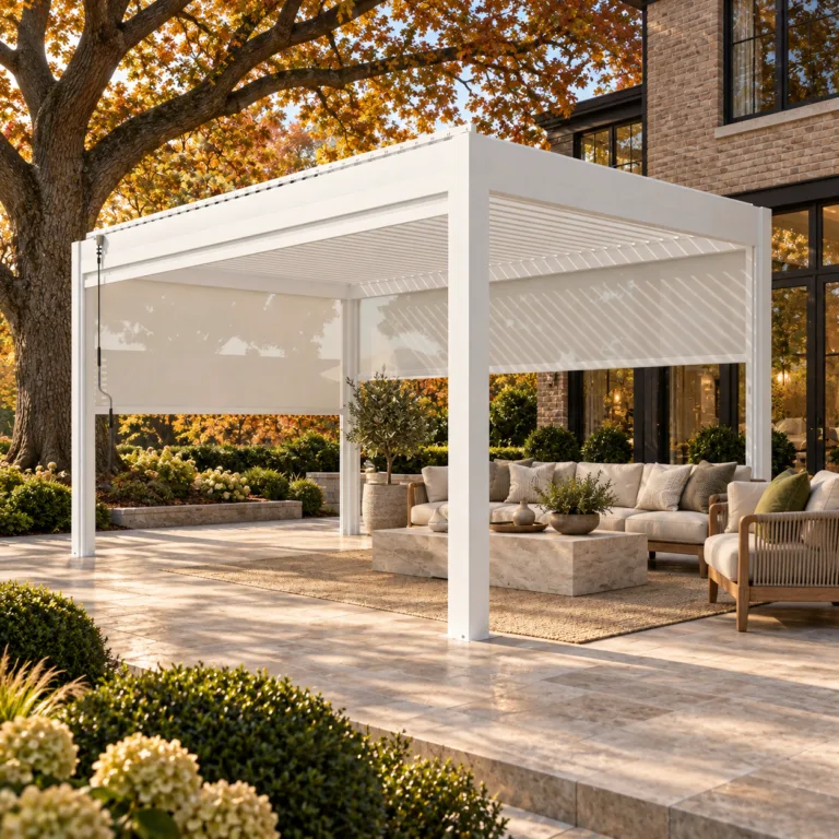 White META LIFESTYLE motorized pergola near a mature oak tree
