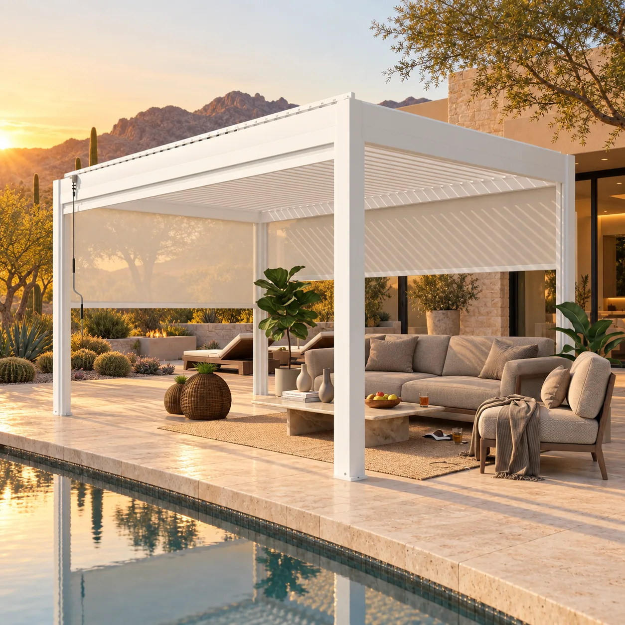 META LIFESTYLE white louvered pergola managing low afternoon sun in a luxury desert setting