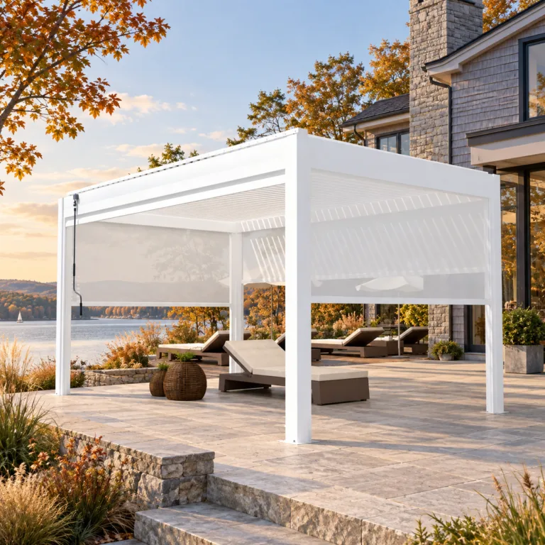 META LIFESTYLE motorized pergola with lowered side screens on an upscale lakefront terrace