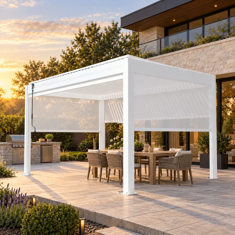 Complete white motorized pergola with dining furniture and a separate grill outside the structure