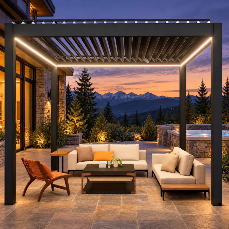 META LIFESTYLE louvered pergola with adjacent hot tub at a mountain residence