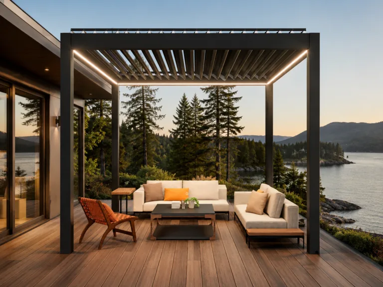 Dark aluminum louvered pergola on an upscale Pacific Northwest lakefront deck