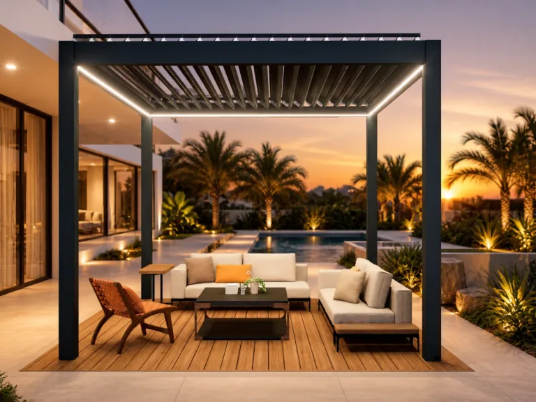 Black louvered pergola on a pale paver patio beside a luxury pool