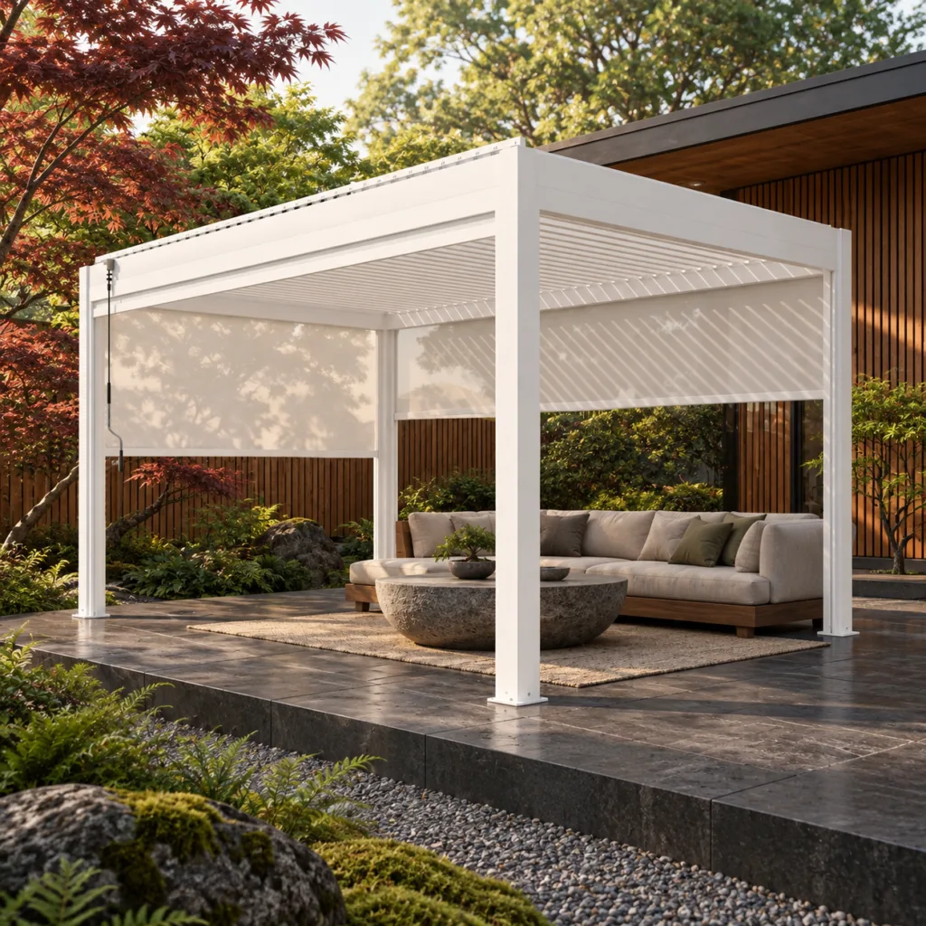 White META LIFESTYLE motorized pergola in a Japanese-inspired courtyard