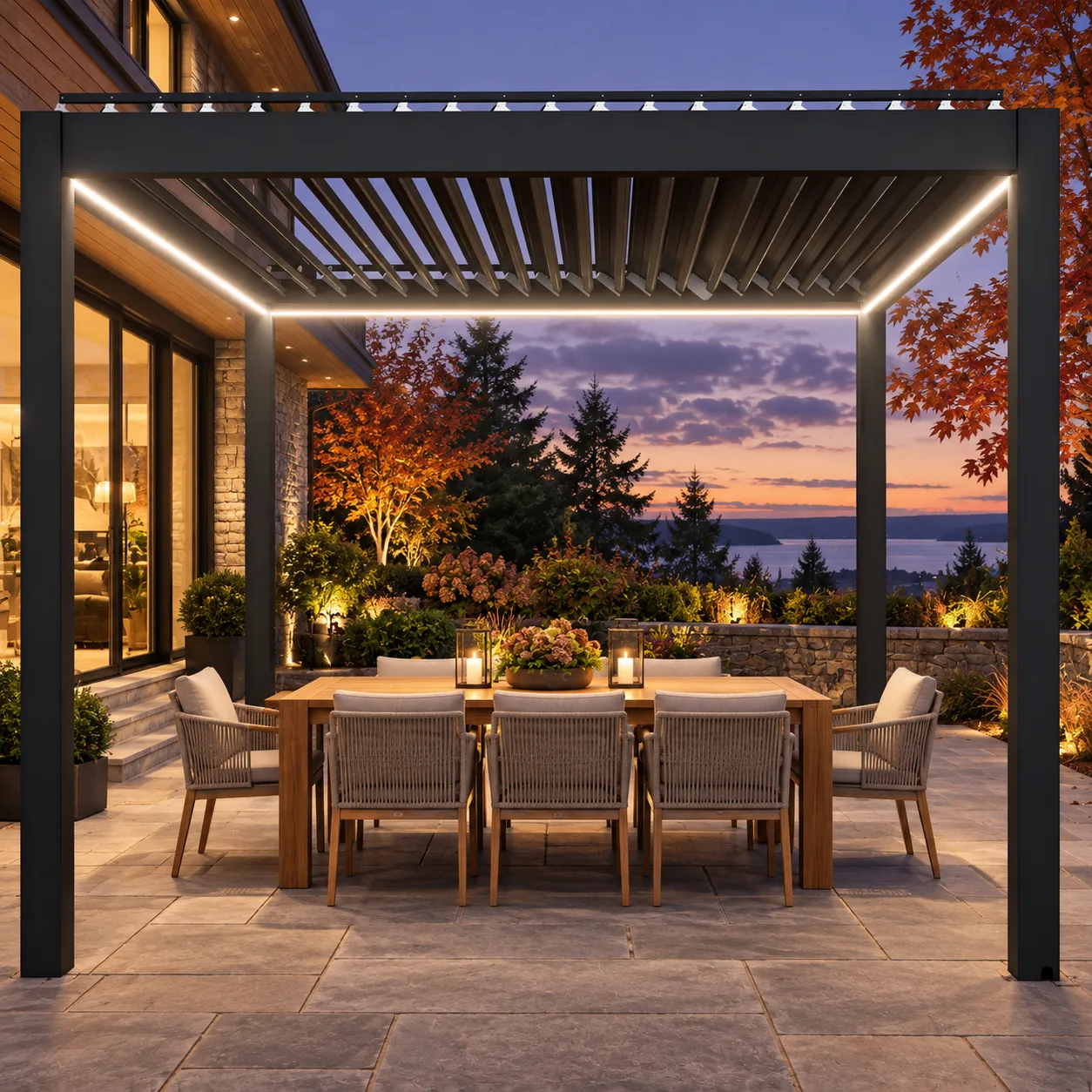 Dark META LIFESTYLE louvered pergola over an outdoor dining table on a New England terrace