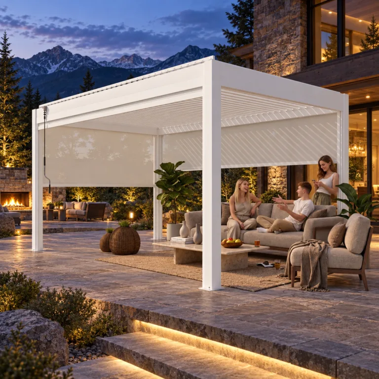 White META LIFESTYLE louvered pergola with screens and a separate distant fireplace area