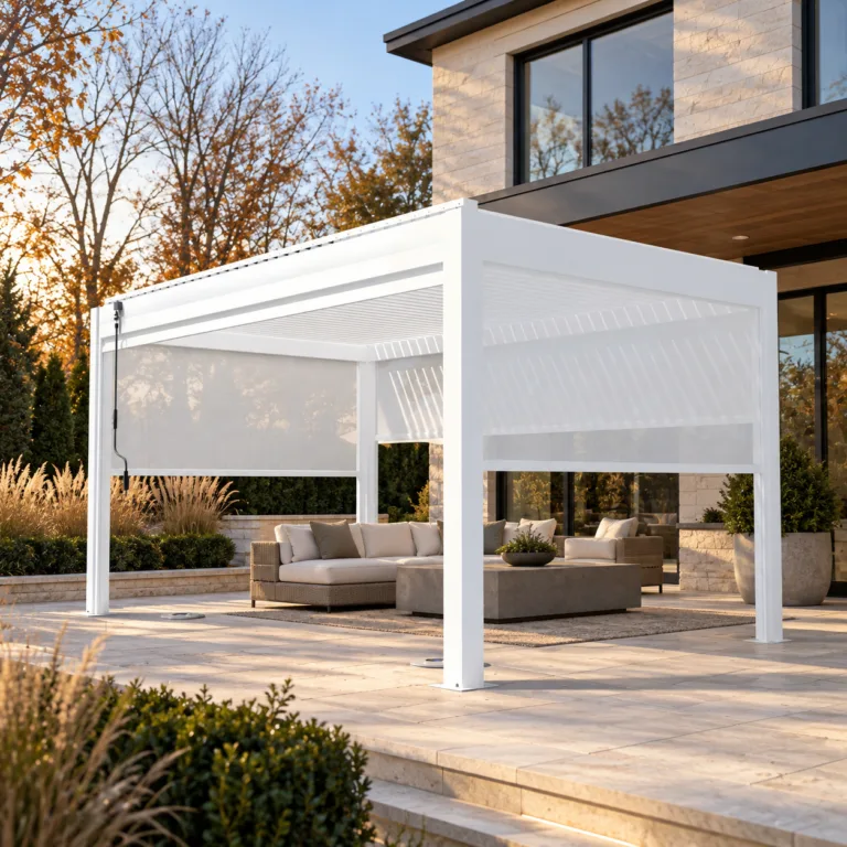 META LIFESTYLE motorized pergola in a cool-weather luxury terrace setting