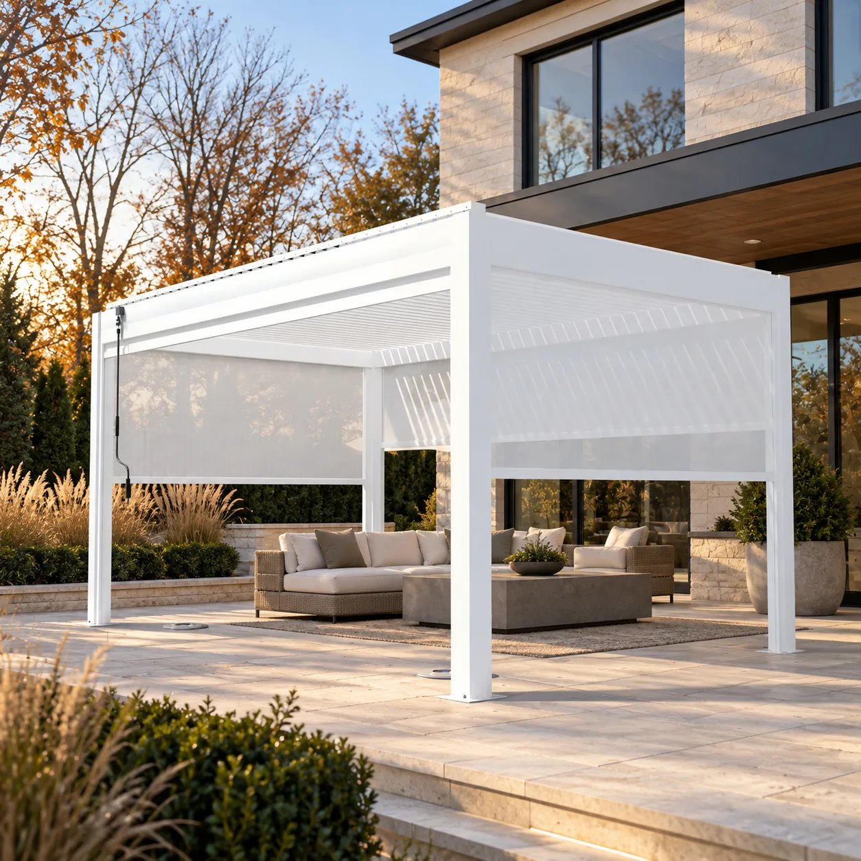 META LIFESTYLE motorized pergola in a cool-weather luxury terrace setting