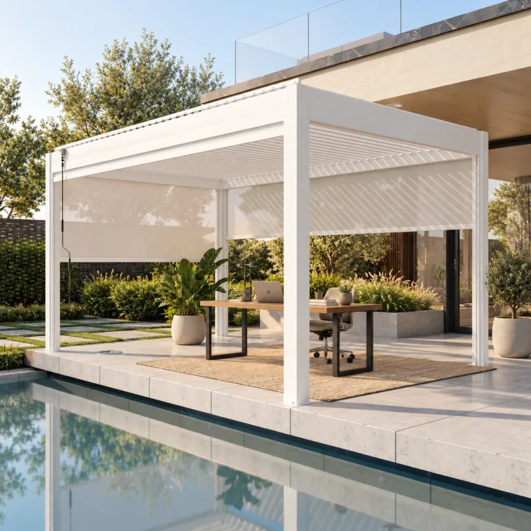 Complete white motorized pergola with a simple outdoor work table in a luxury backyard