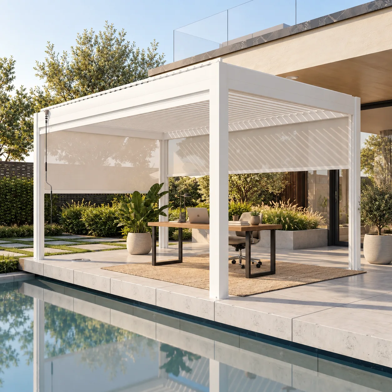 Complete white motorized pergola with a simple outdoor work table in a luxury backyard