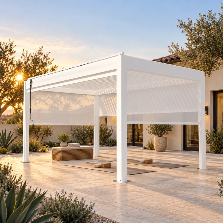 White META LIFESTYLE motorized pergola over an upscale outdoor yoga space