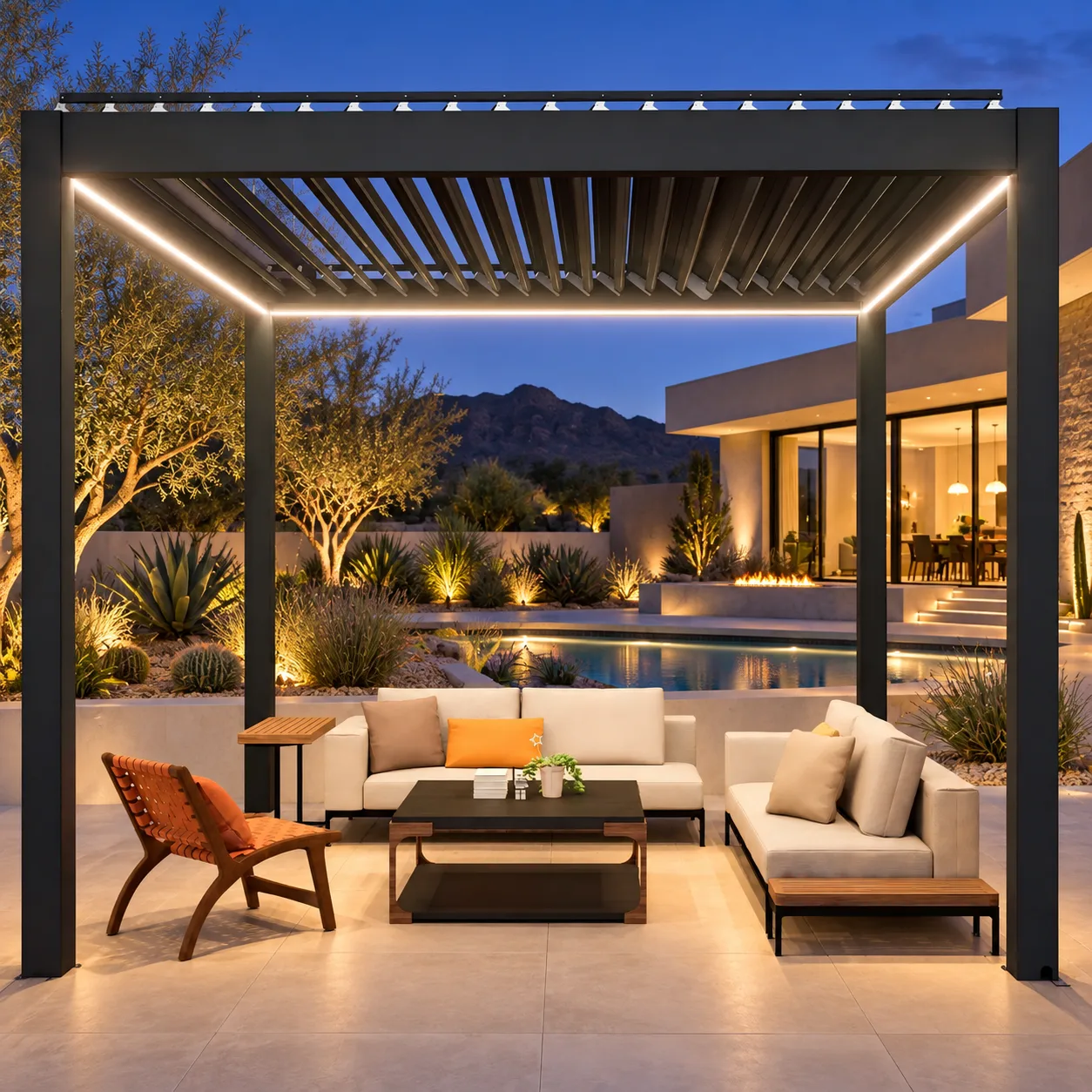 META LIFESTYLE motorized louvered pergola with lounge furniture on a luxury desert patio