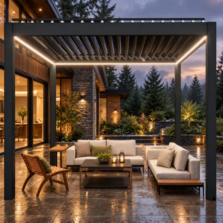 META LIFESTYLE motorized pergola on a drained stone patio after rain