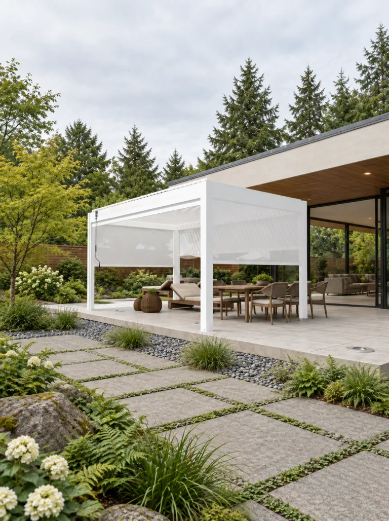 White META LIFESTYLE motorized pergola beside permeable stone pavers and a gravel infiltration strip in a Pacific Northwest garden