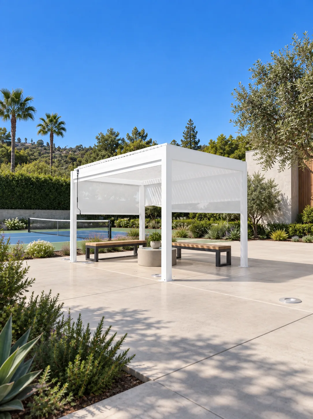 White META LIFESTYLE motorized pergola beside a residential pickleball court