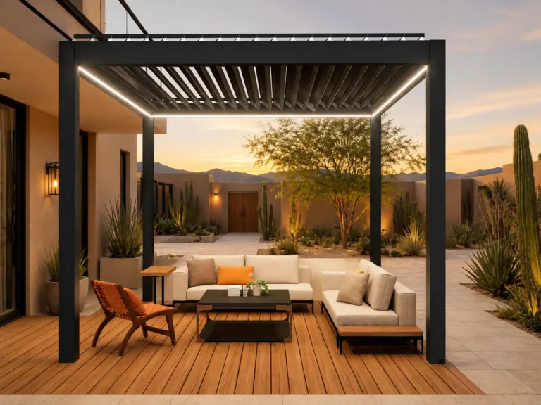 Black louvered pergola positioned beside a modern Southwestern home